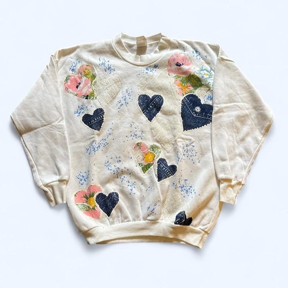 Land N Sea Tops - Vintage Patchwork Cream Floral Heart Crewneck Sweatshirt Comfort Casual Colorful